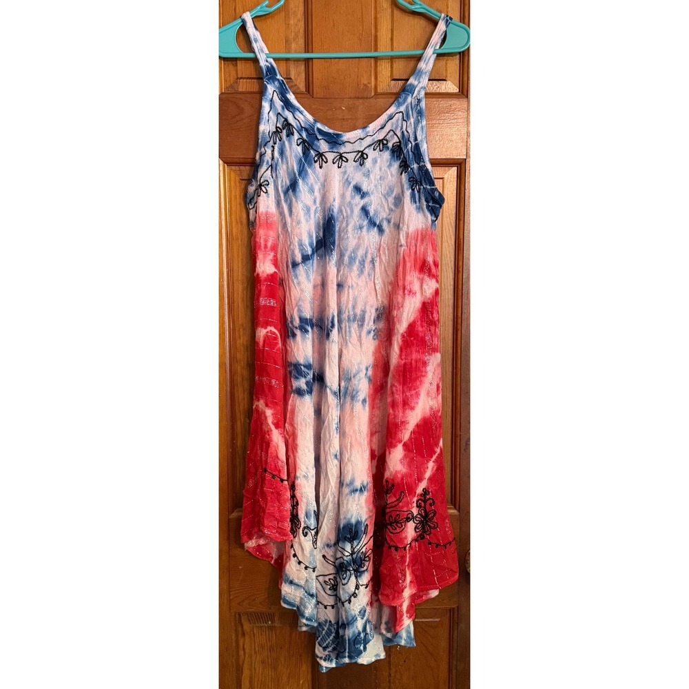 Ana & Rose Tie Dye Embroidered Handkerchief Hem Dress Red White Blue OS